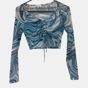 Mesh Long Sleeve Crop Top Blue White Swirl Adjustable Tie Psychedelic Rave